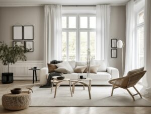 Comfy scandinavian interior living room design with furniture and decorations. Generative AI