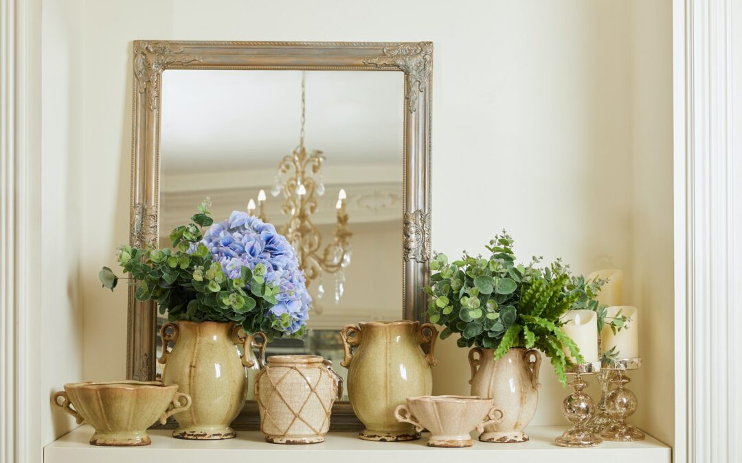 mirror, beige set with and flowers on shelf