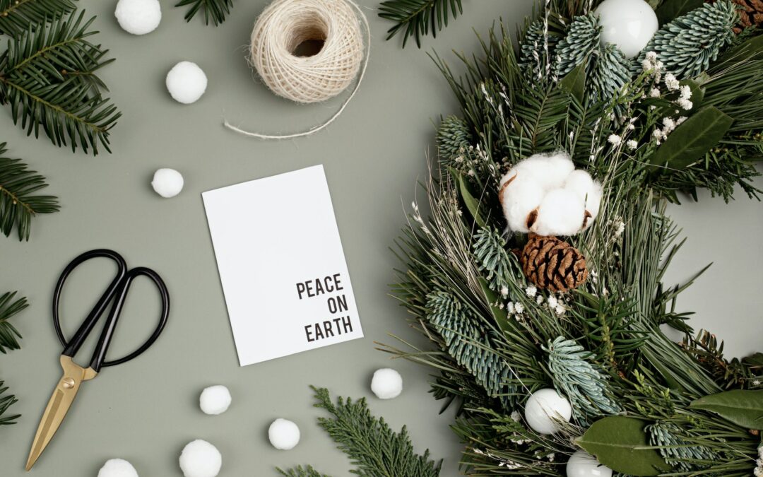 Top view of traditional handmade diy Christmas wreath made with natural elements