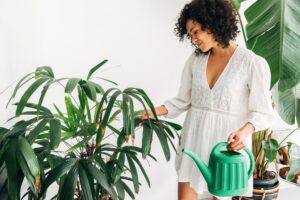Young mixed race woman taking care of house plants. Copy space.
